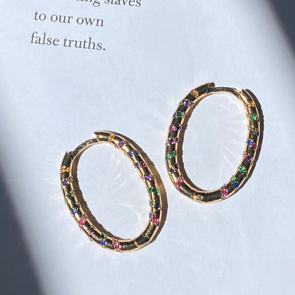 Gold color with real gem stones hoop earrings